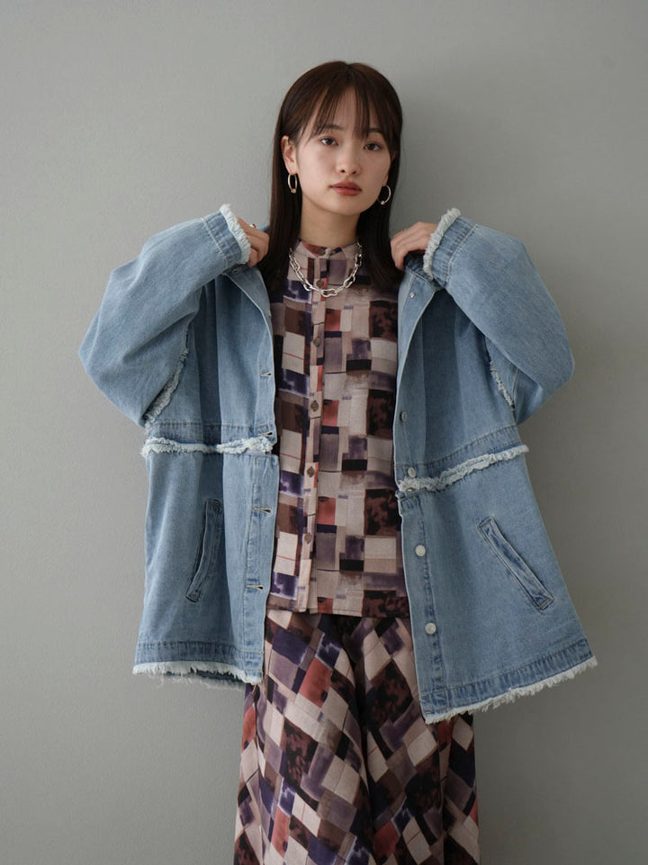 [SET] 2WAY denim stand-up collar jacket + retro pattern bunt collar overshirt + retro pattern flare skirt (2-3 sets)