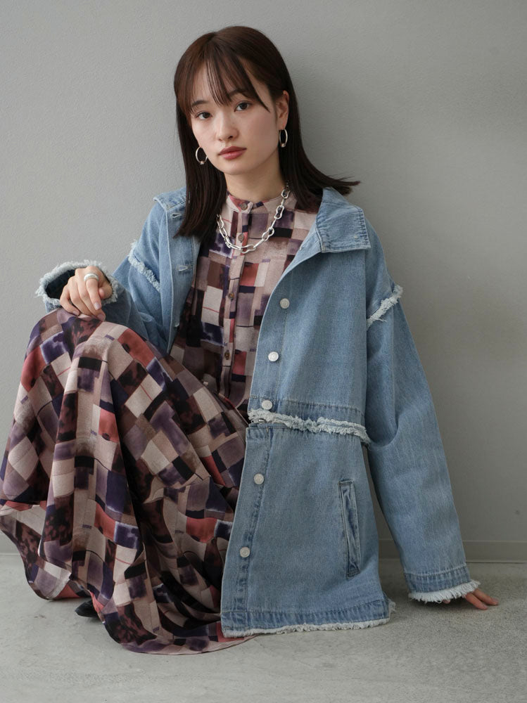 [SET] 2WAY denim stand-up collar jacket + retro pattern bunt collar overshirt + retro pattern flare skirt (2-3 sets)