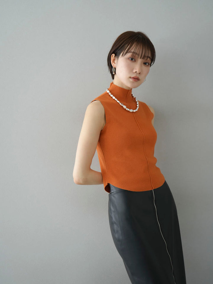 【預訂】小領中縫無袖針織上衣/橘色