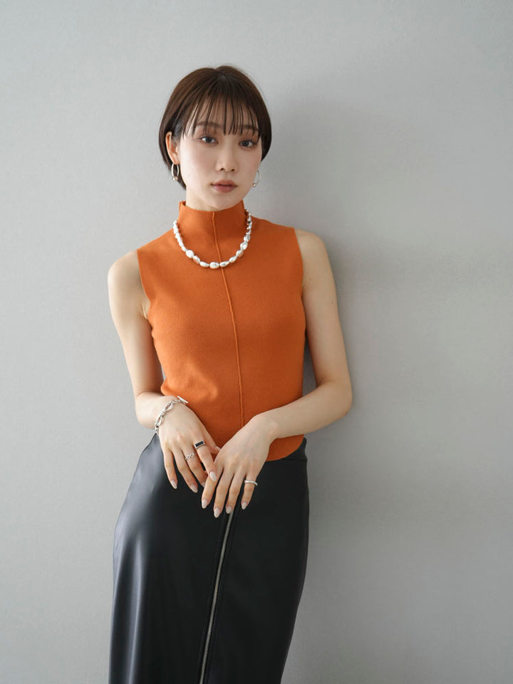 【預訂】小領中縫無袖針織上衣/橘色