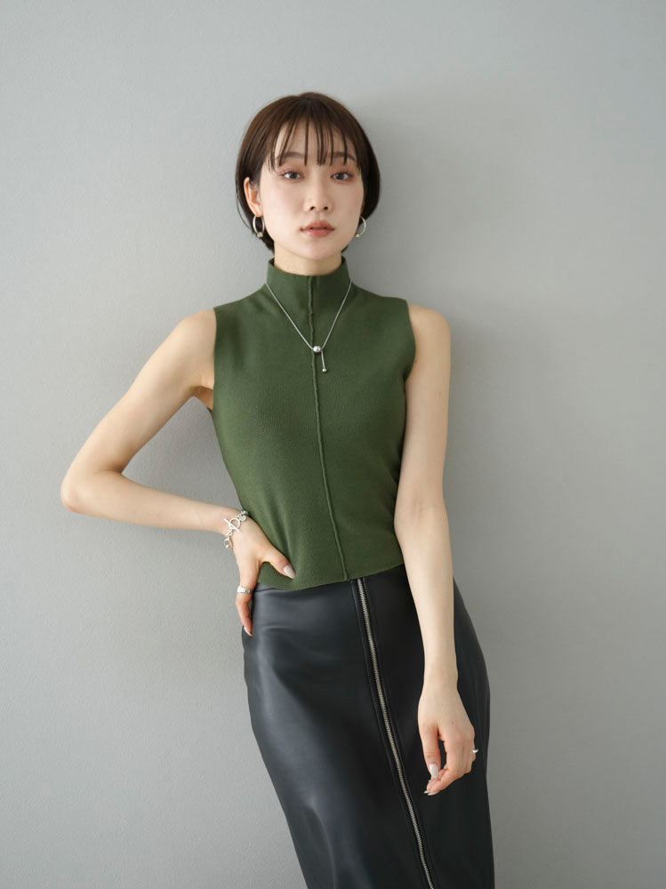 予約]プチネックセンターシームノースリーニットトップス/グリーン