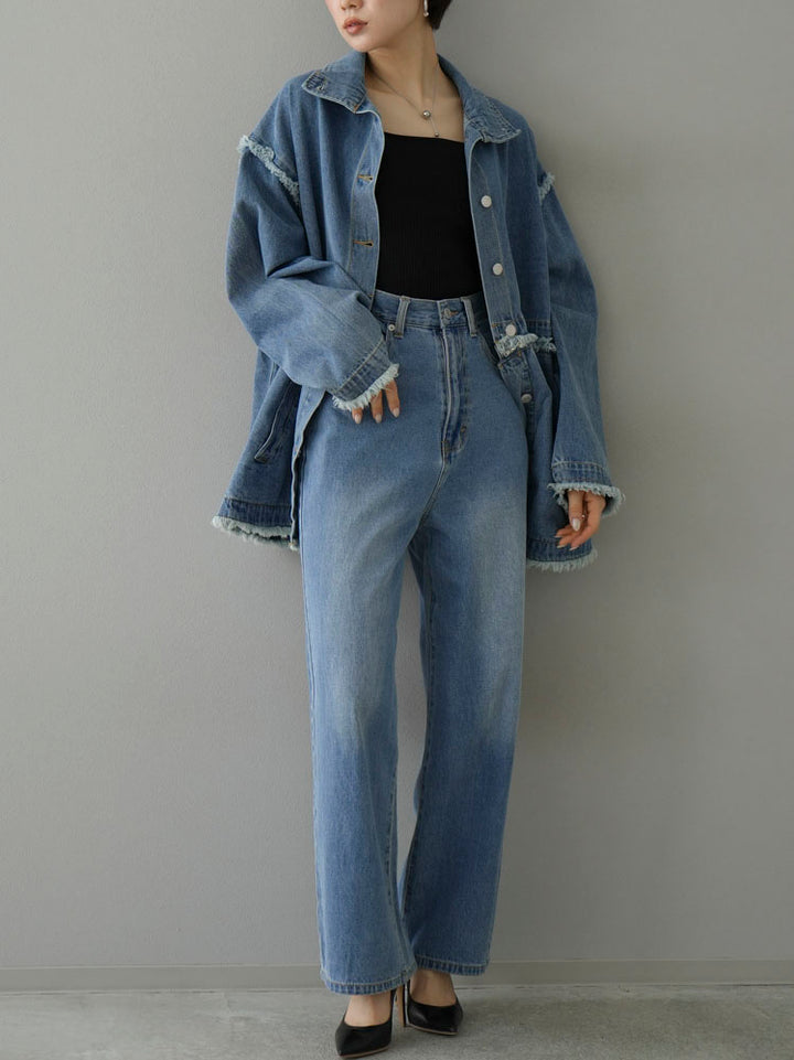 [SET] 2WAY denim stand collar jacket + double strap cut rib bra camisole + pocket design straight denim (2-3 sets)