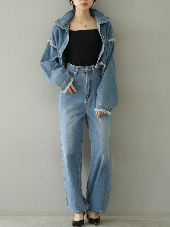 [SET] 2WAY denim stand collar jacket + double strap cut rib bra camisole + pocket design straight denim (2-3 sets)