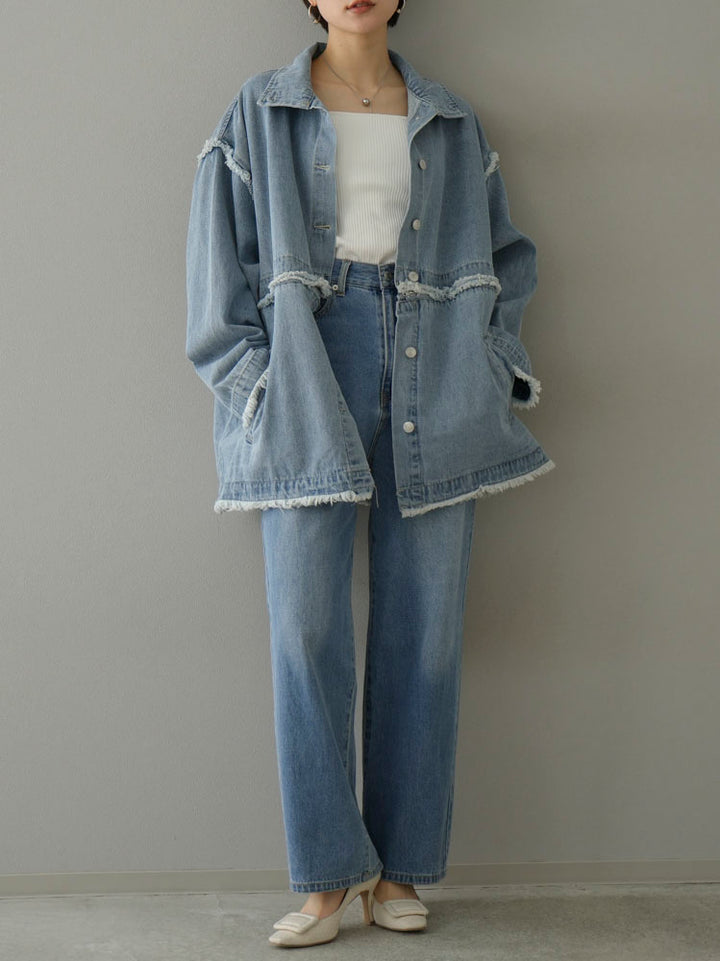 [SET] 2WAY denim stand collar jacket + double strap cut rib bra camisole + pocket design straight denim (2-3 sets)