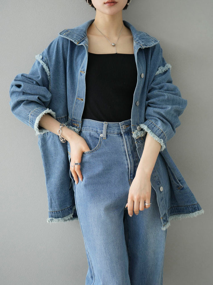 [SET] 2WAY denim stand collar jacket + double strap cut rib bra camisole + pocket design straight denim (2-3 sets)