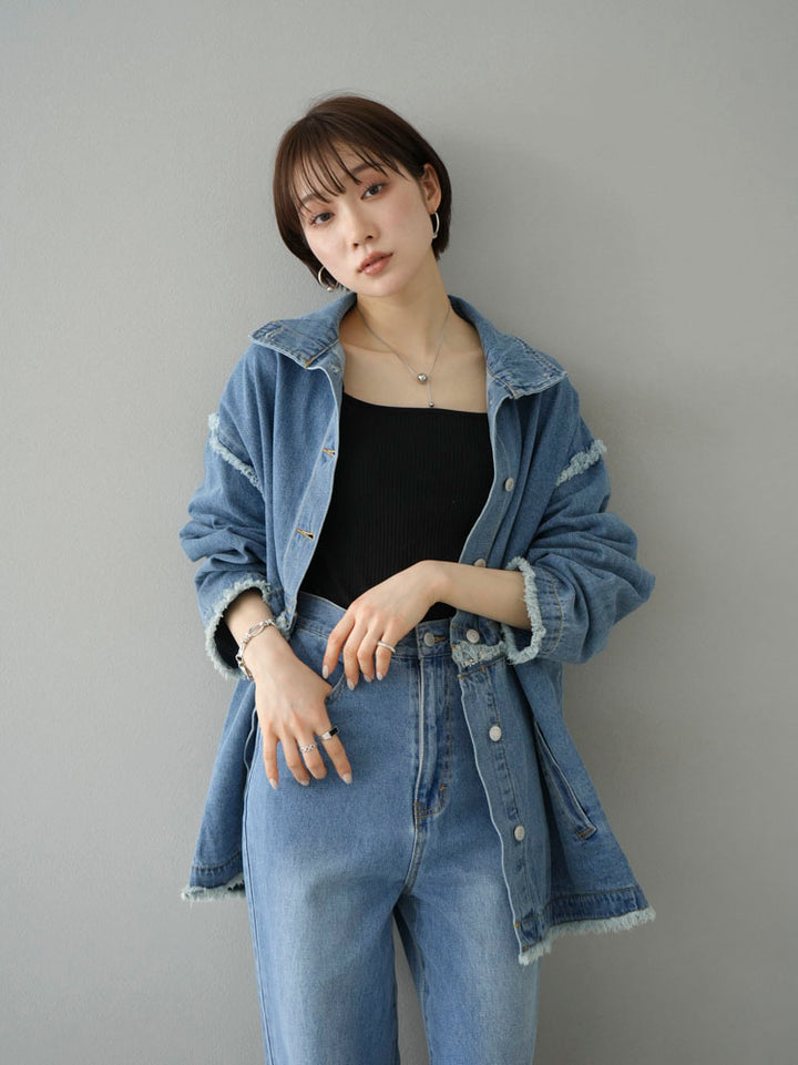 [SET] 2WAY denim stand collar jacket + double strap cut rib bra camisole + pocket design straight denim (2-3 sets)