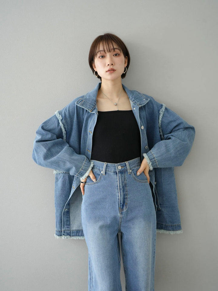 [SET] 2WAY denim stand collar jacket + double strap cut rib bra camisole + pocket design straight denim (2-3 sets)