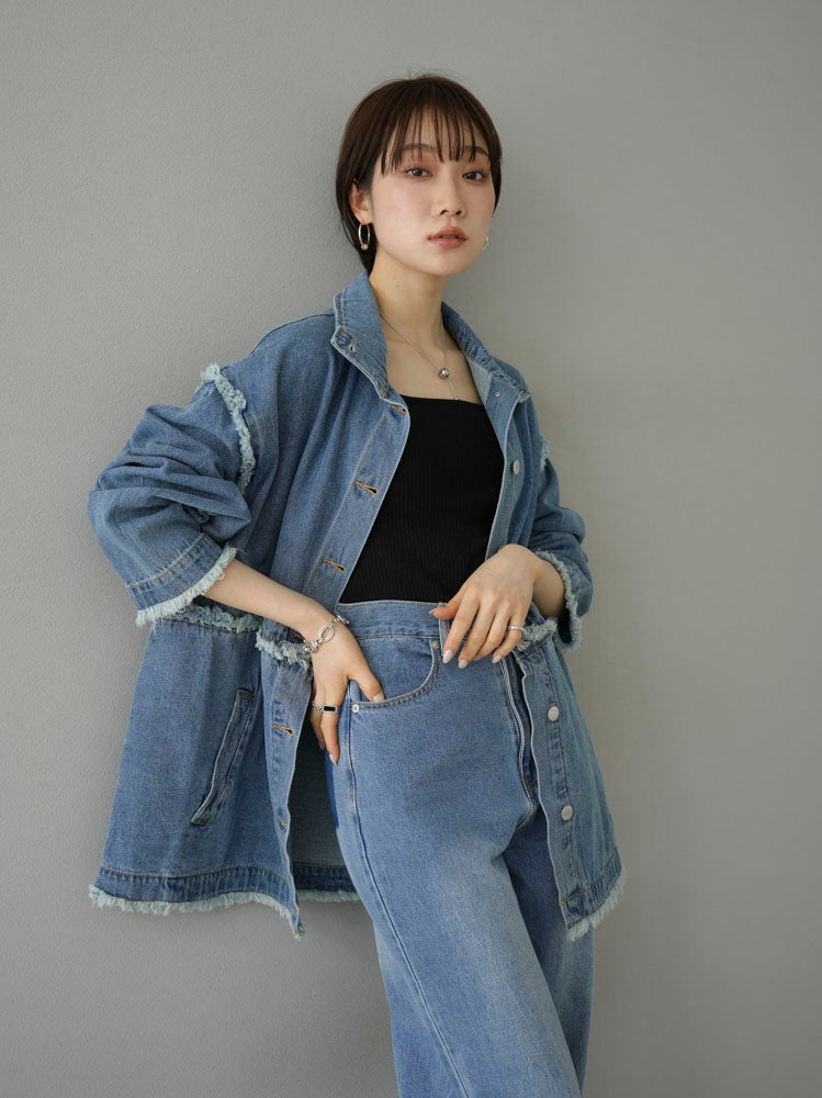 [SET] 2WAY denim stand collar jacket + double strap cut rib bra camisole + pocket design straight denim (2-3 sets)