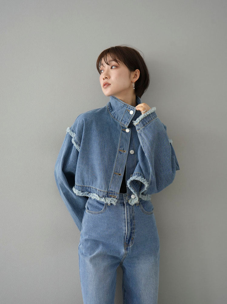 [SET] 2WAY denim stand collar jacket + double strap cut rib bra camisole + pocket design straight denim (2-3 sets)