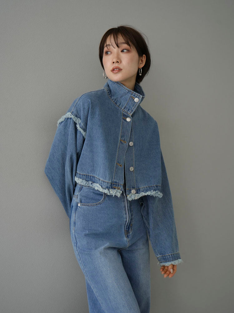 [SET] 2WAY denim stand collar jacket + double strap cut rib bra camisole + pocket design straight denim (2-3 sets)