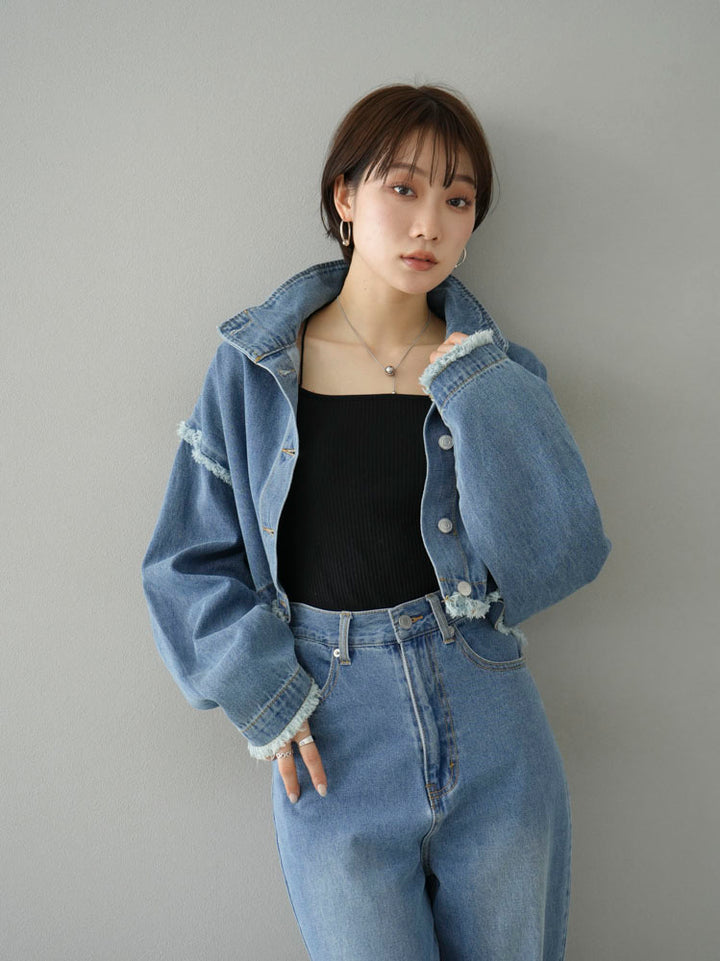 [SET] 2WAY denim stand collar jacket + double strap cut rib bra camisole + pocket design straight denim (2-3 sets)