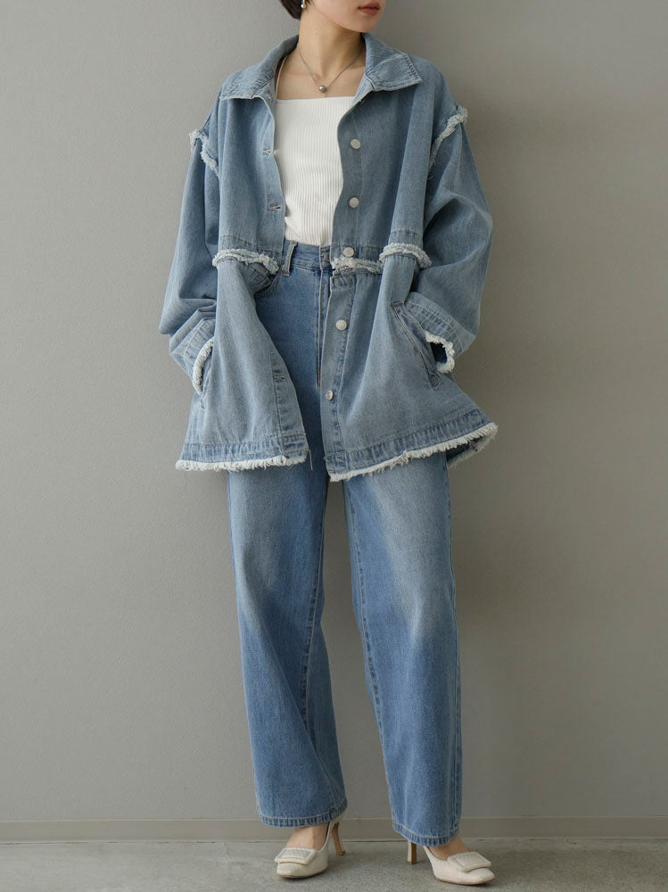 [SET] 2WAY denim stand collar jacket + double strap cut rib bra camisole + pocket design straight denim (2-3 sets)