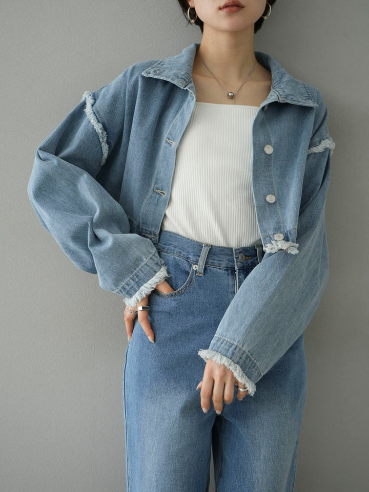 [SET] 2WAY denim stand collar jacket + double strap cut rib bra camisole + pocket design straight denim (2-3 sets)