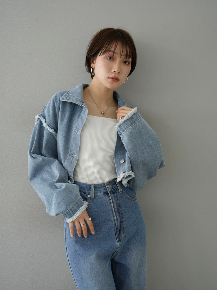 [SET] 2WAY denim stand collar jacket + double strap cut rib bra camisole + pocket design straight denim (2-3 sets)