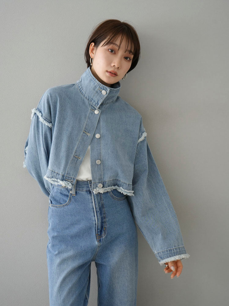 [SET] 2WAY denim stand collar jacket + double strap cut rib bra camisole + pocket design straight denim (2-3 sets)