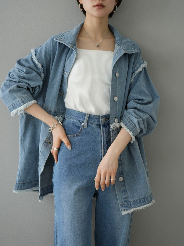 [SET] 2WAY denim stand collar jacket + double strap cut rib bra camisole + pocket design straight denim (2-3 sets)