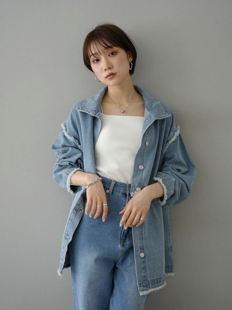 [SET] 2WAY denim stand collar jacket + double strap cut rib bra camisole + pocket design straight denim (2-3 sets)