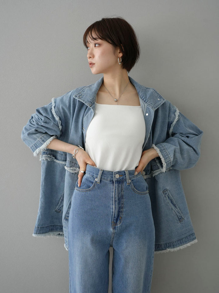 [SET] 2WAY denim stand collar jacket + double strap cut rib bra camisole + pocket design straight denim (2-3 sets)