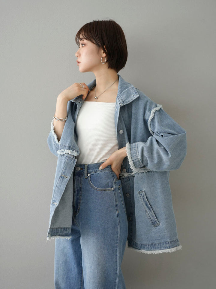 [SET] 2WAY denim stand collar jacket + double strap cut rib bra camisole + pocket design straight denim (2-3 sets)