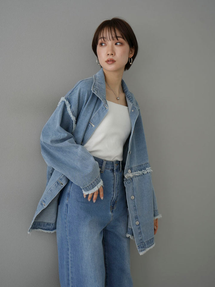 [SET] 2WAY denim stand collar jacket + double strap cut rib bra camisole + pocket design straight denim (2-3 sets)