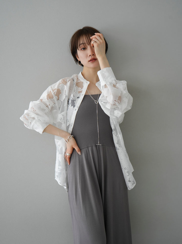 [SET] Washable knit all-in-one + stitched flower jacquard tulle shirt (2set)