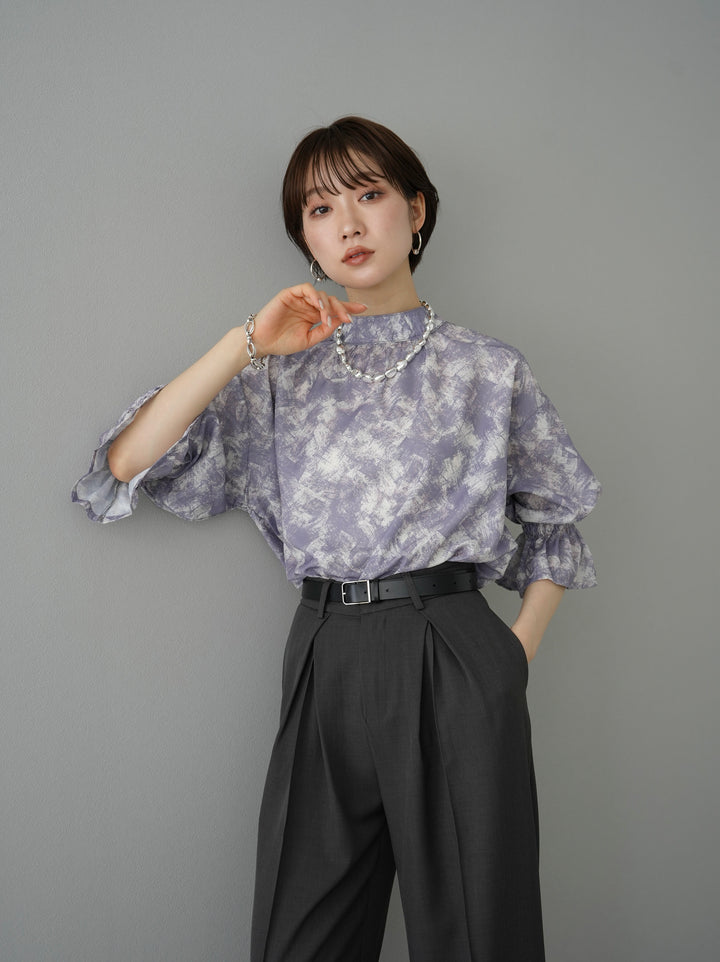 [SET] Nuanced pattern candy sleeve blouse + design tuck wide pants (2set)