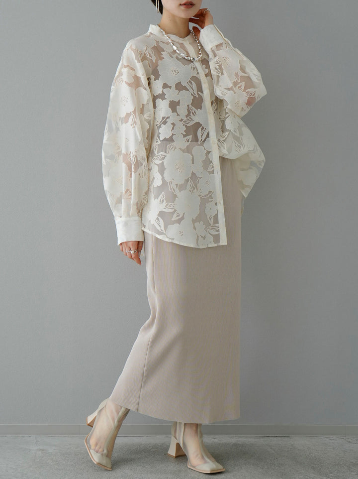 [Pre-order] Stitched Flower Jacquard Tulle Shirt/Ivory