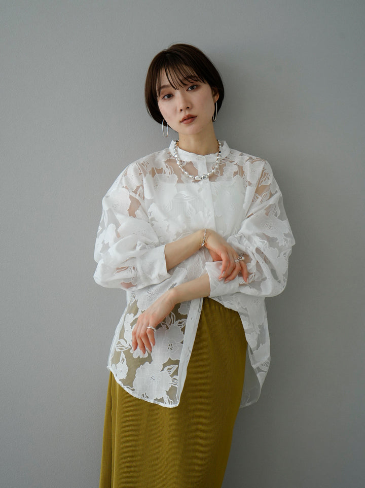 [Pre-order] Stitched Flower Jacquard Tulle Shirt/White