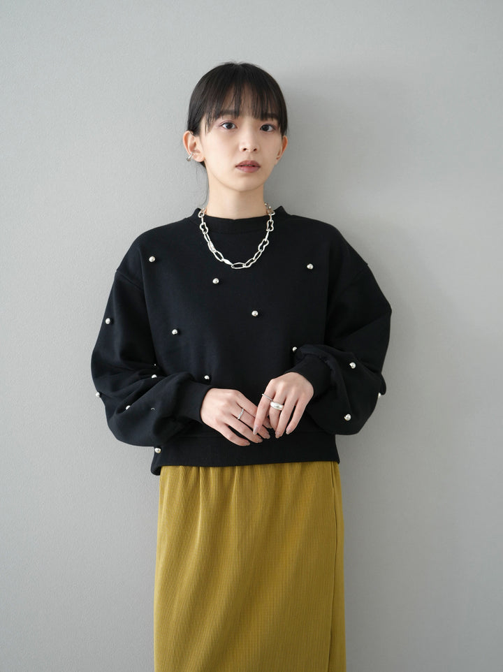 [SET] Pearl motif fleece pullover + I-line pleated skirt (2set)