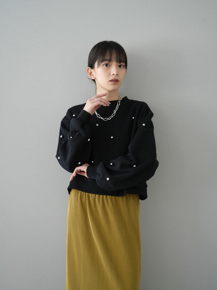 [SET] Pearl motif fleece pullover + I-line pleated skirt (2set)