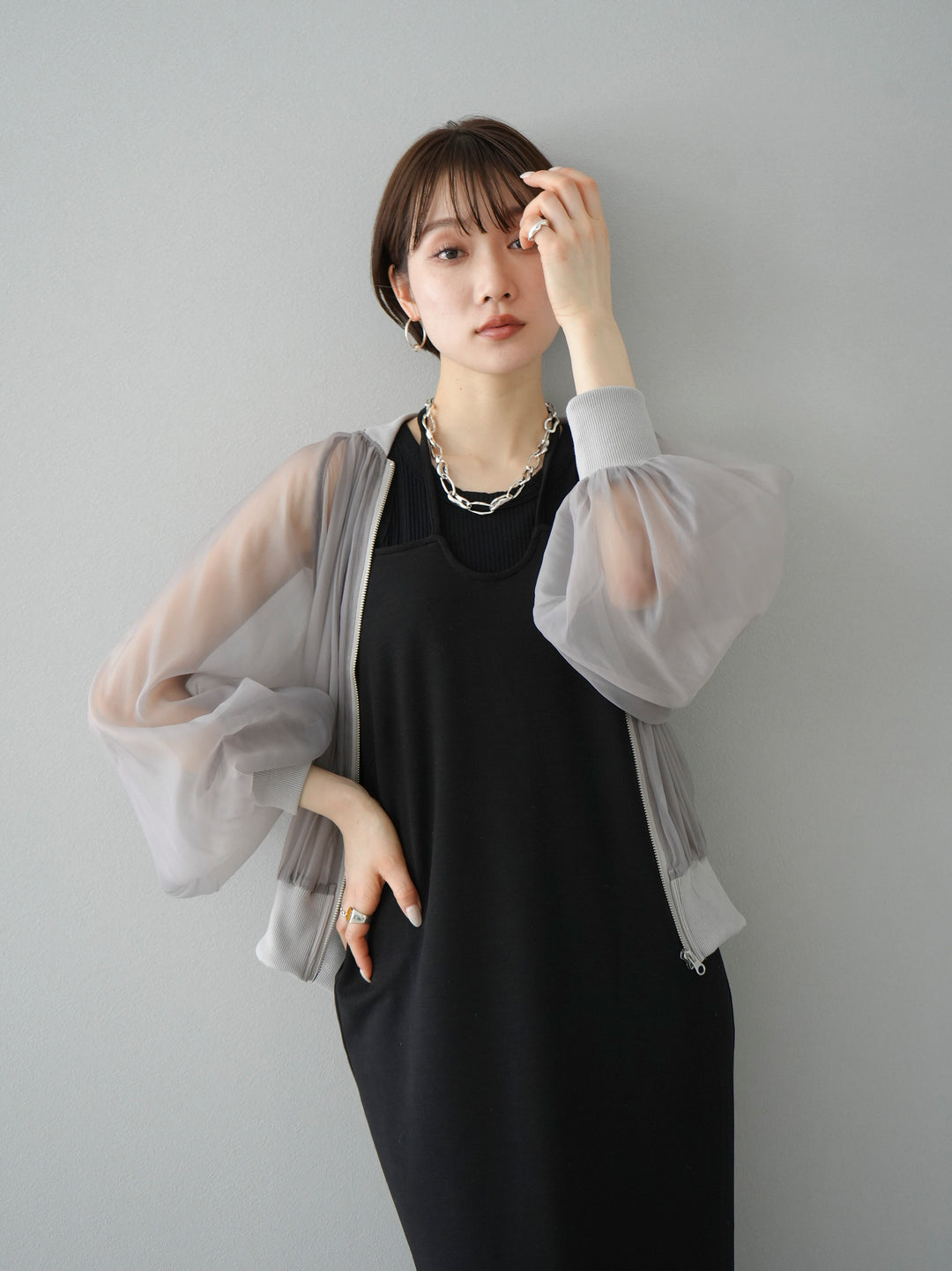 [SET] Organza rib blouson + cut rib American rib tank top + design neck backless camisole dress (3 sets)