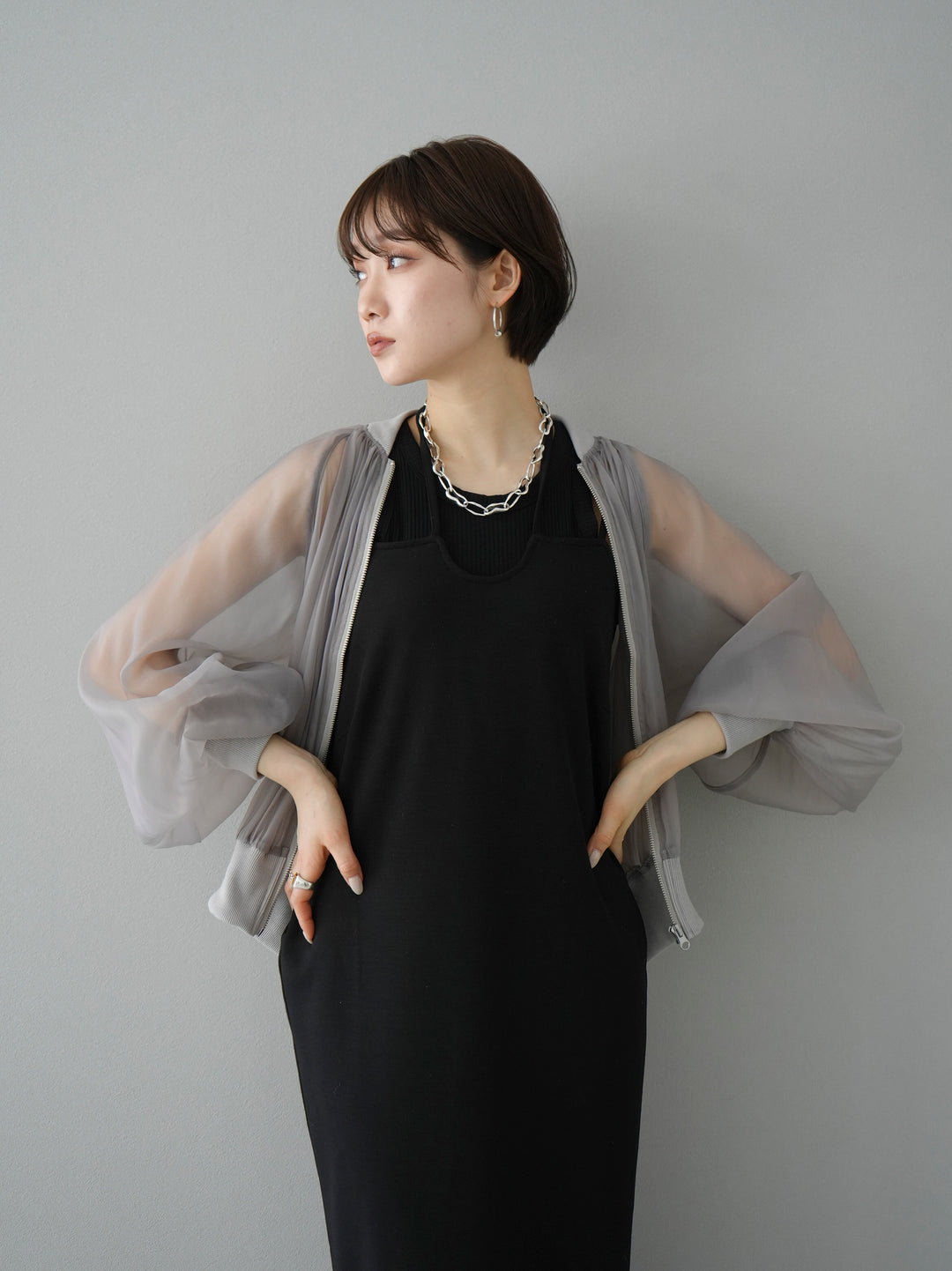 [SET] Organza rib blouson + cut rib American rib tank top + design neck backless camisole dress (3 sets)