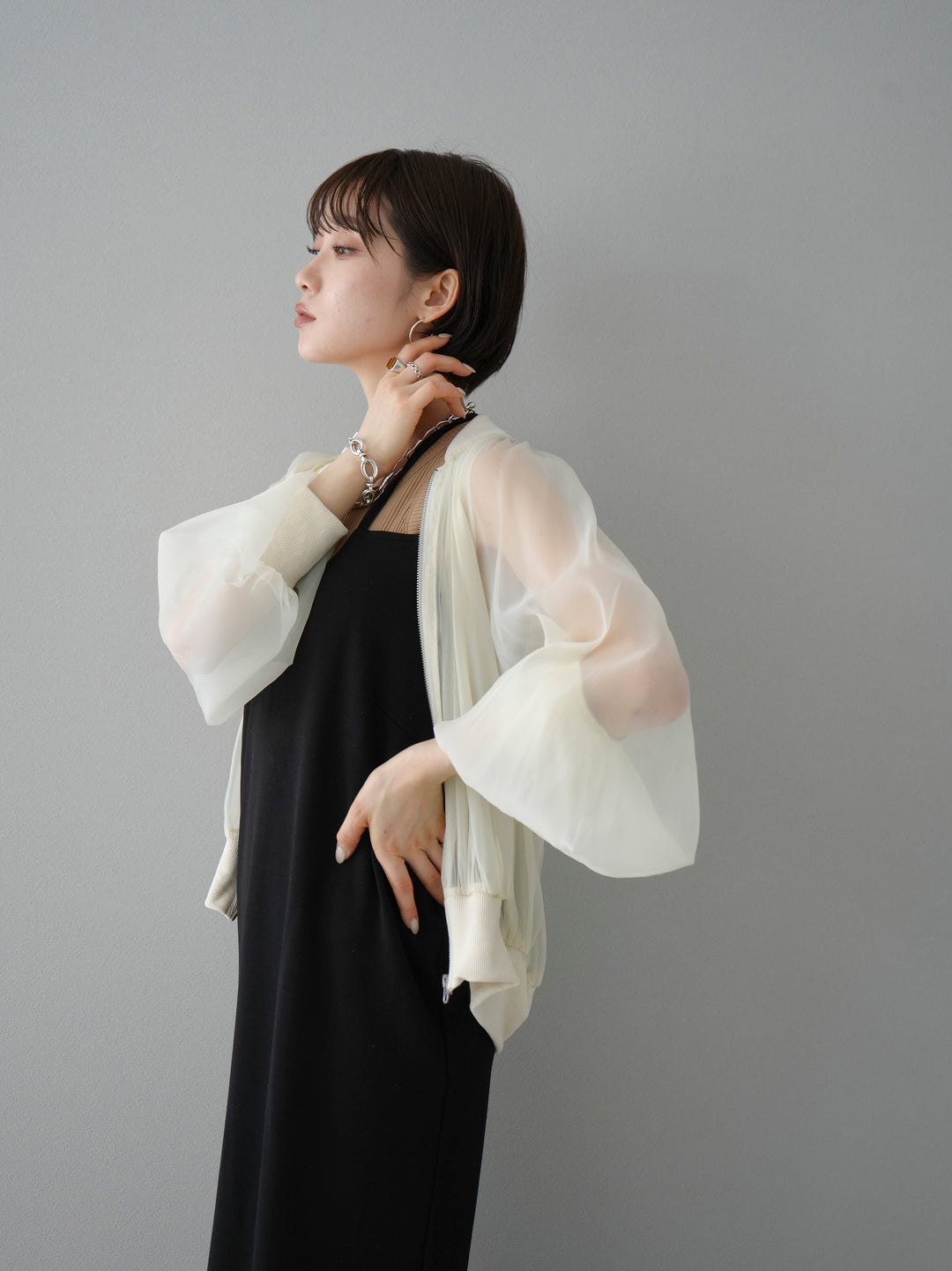 [SET] Organza rib blouson + cut rib American rib tank top + design neck backless camisole dress (3 sets)