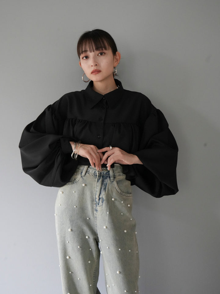 [Pre-order] Short Gathered Blouse/Black