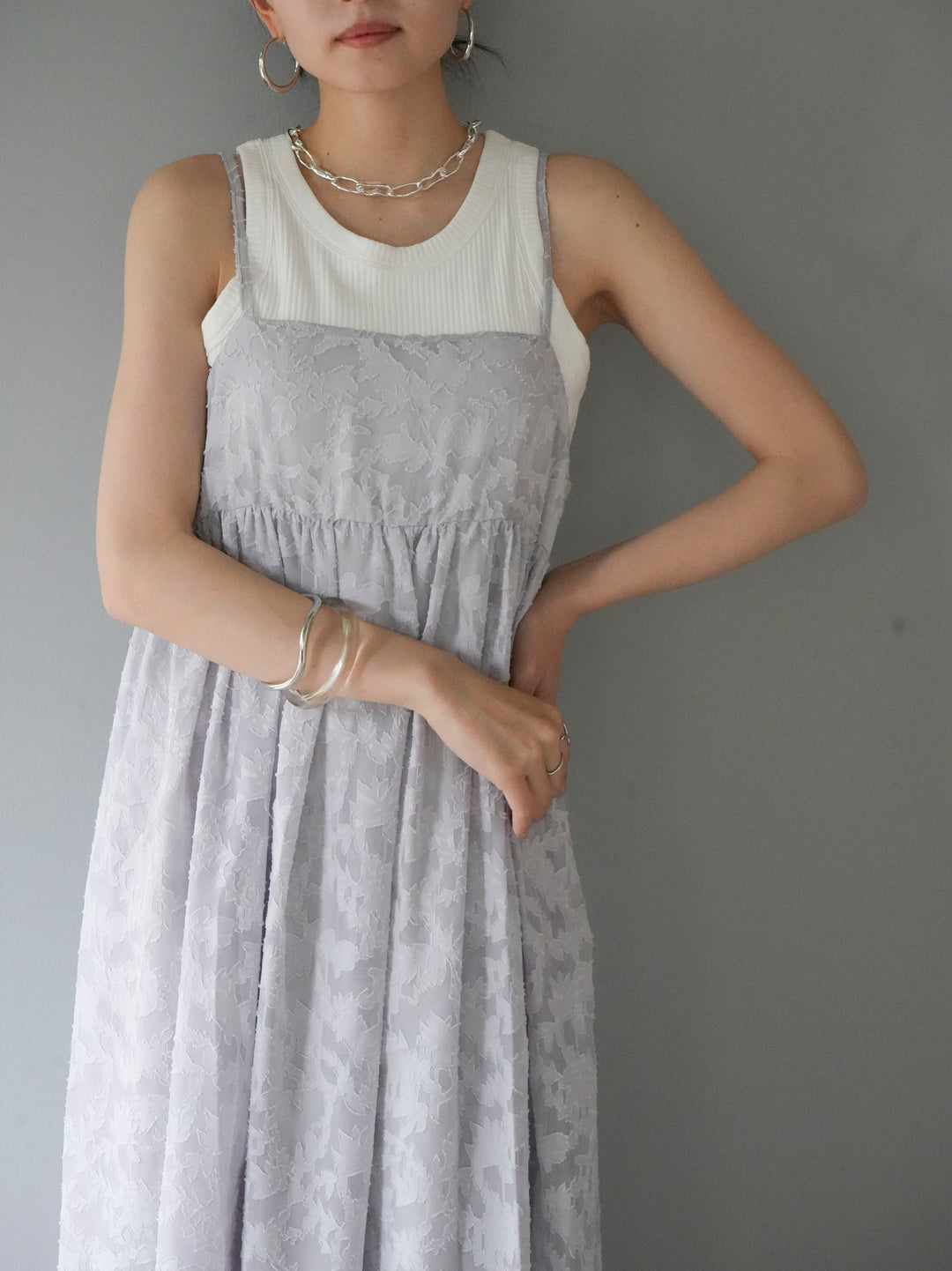 [Pre-order] Flower Jacquard Camisole Dress/Gray