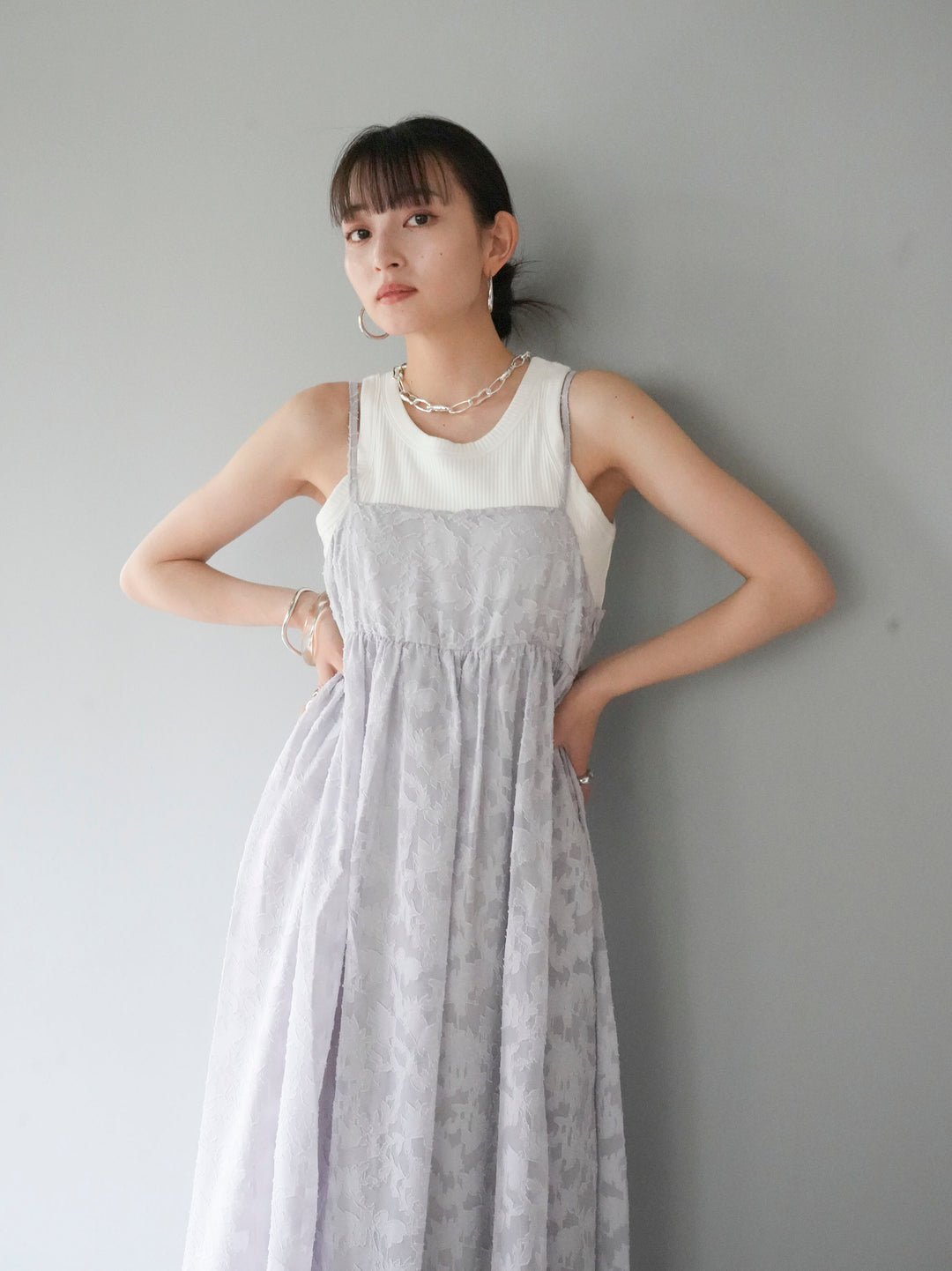 [Pre-order] Flower Jacquard Camisole Dress/Gray