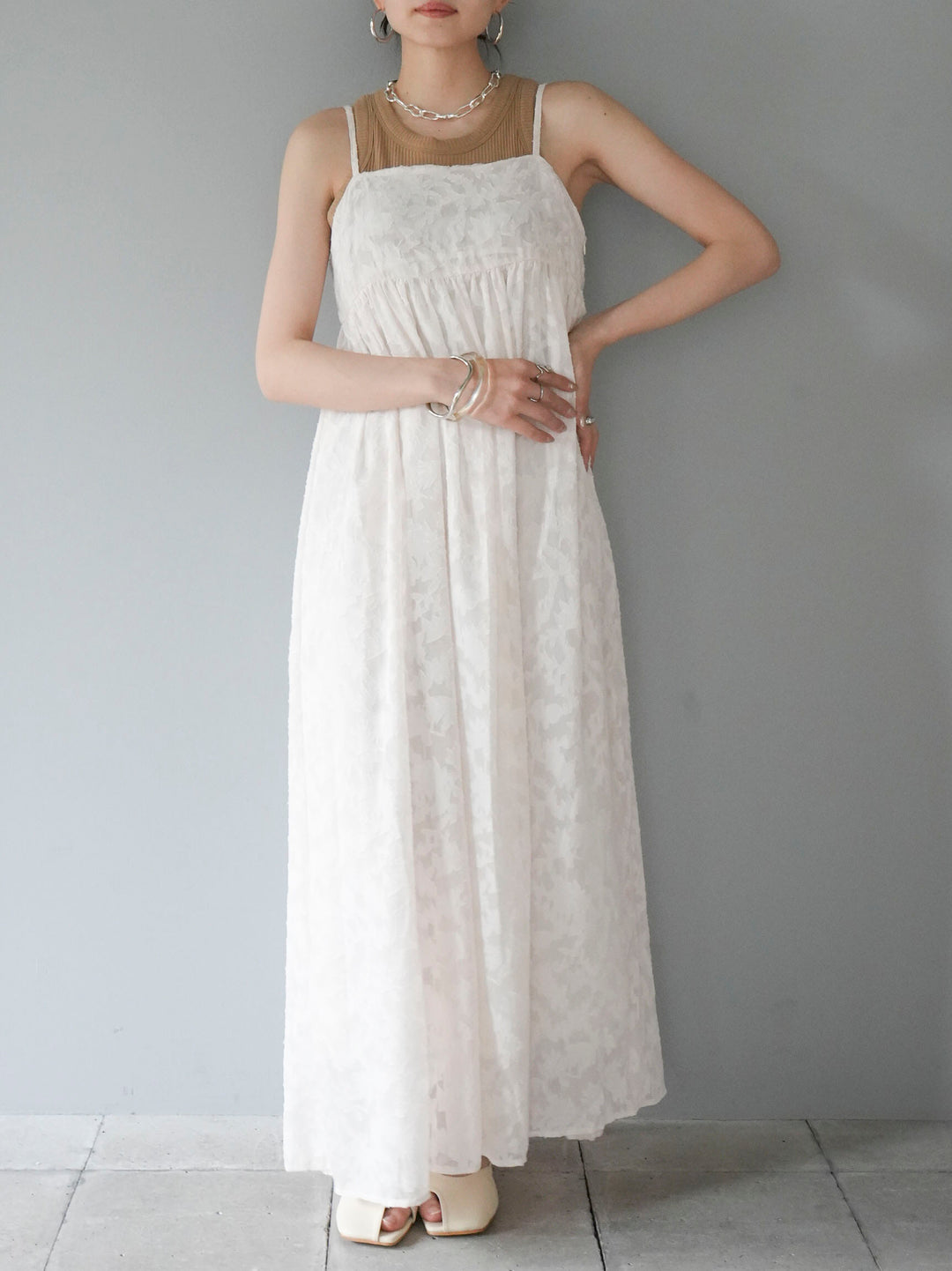 [Pre-order] Flower Jacquard Camisole Dress/Ivory