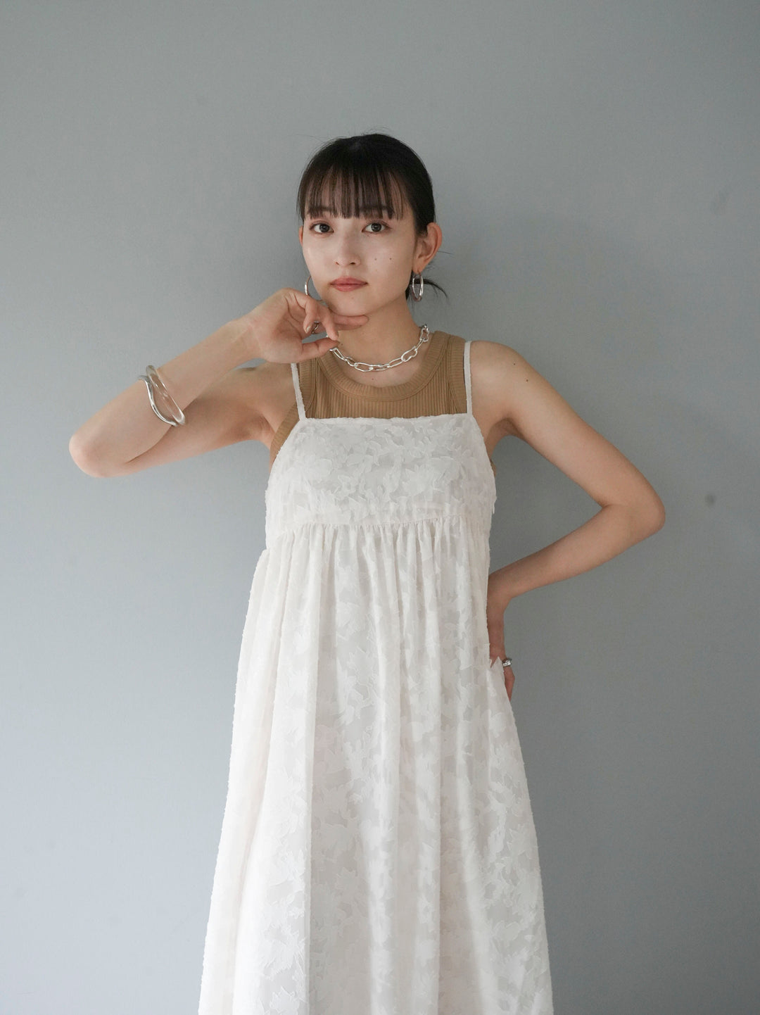 [Pre-order] Flower Jacquard Camisole Dress/Ivory