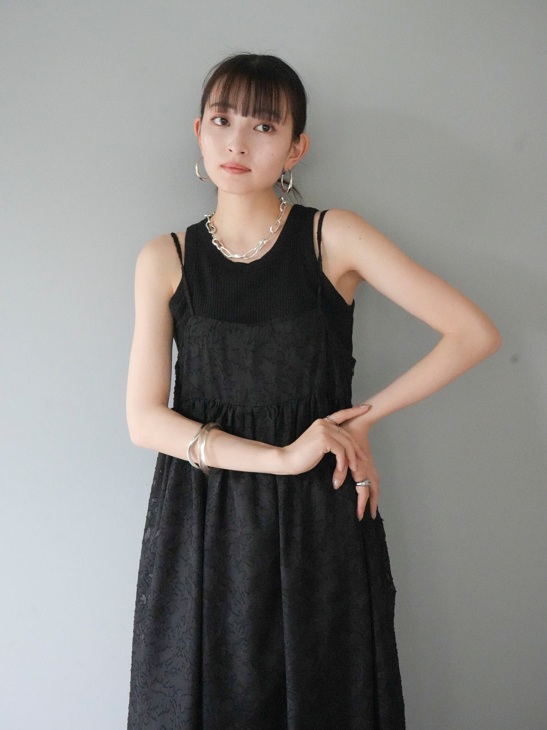 [Pre-order] Flower Jacquard Camisole Dress/Black