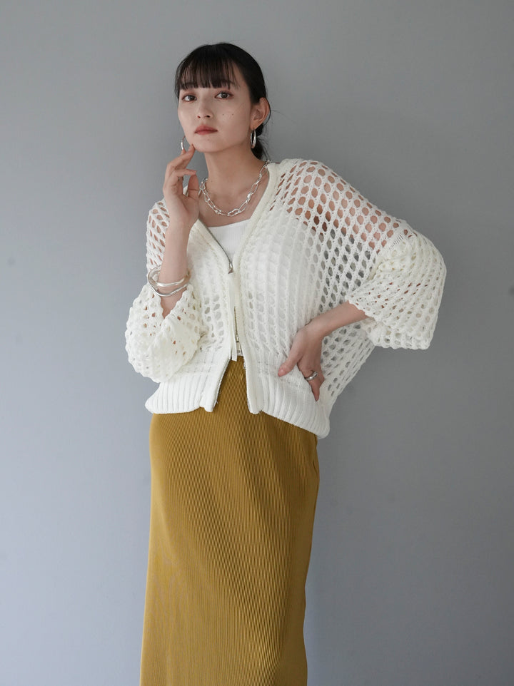 [SET] Mesh knit zip cardigan + double strap cut rib bra camisole + I-line pleated skirt (3 sets)
