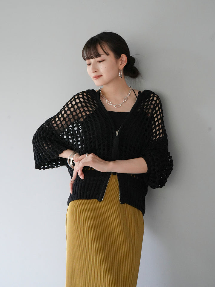 [SET] Mesh knit zip cardigan + double strap cut rib bra camisole + I-line pleated skirt (3 sets)