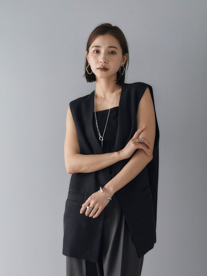 [SET] Linen touch no-collar gilet + double strap cut rib bra camisole + design tuck wide pants (3 sets)