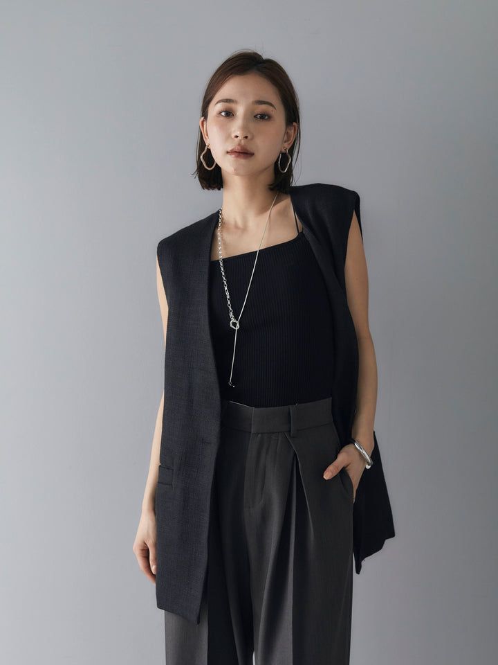 [SET] Linen touch no-collar gilet + double strap cut rib bra camisole + design tuck wide pants (3 sets)