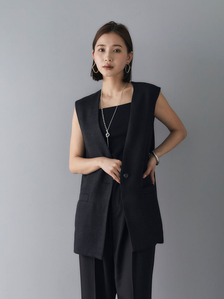 [SET] Linen touch no-collar gilet + double strap cut rib bra camisole + design tuck wide pants (3 sets)