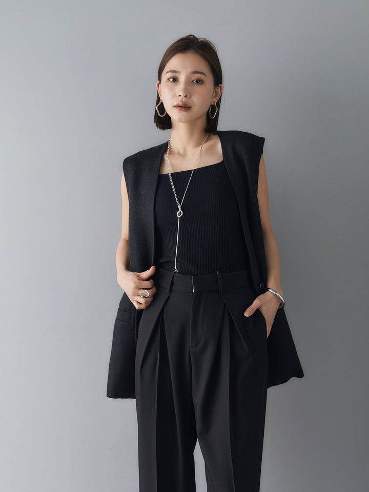 [SET] Linen touch no-collar gilet + double strap cut rib bra camisole + design tuck wide pants (3 sets)