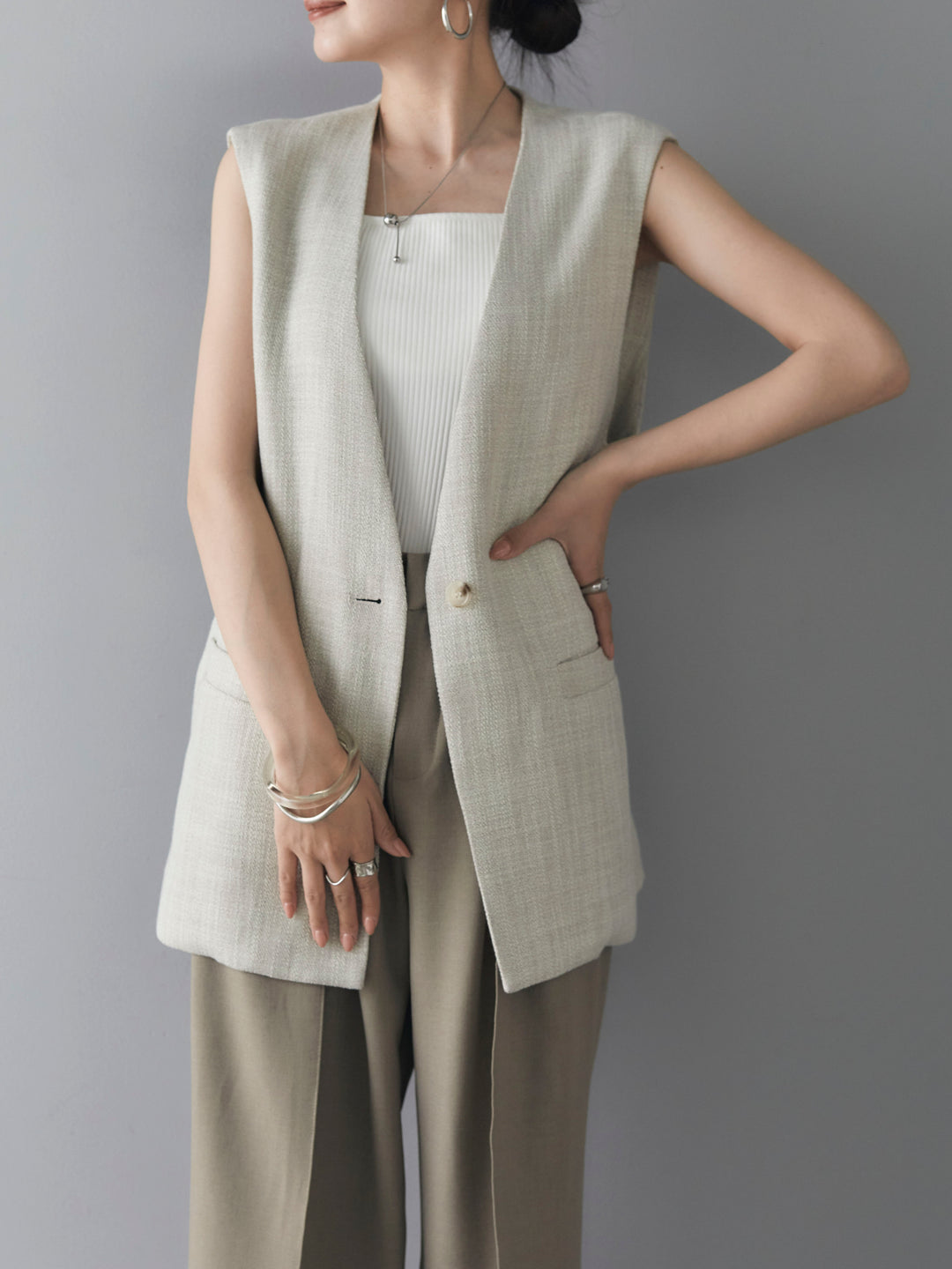 [SET] Linen touch no-collar gilet + double strap cut rib bra camisole + design tuck wide pants (3 sets)