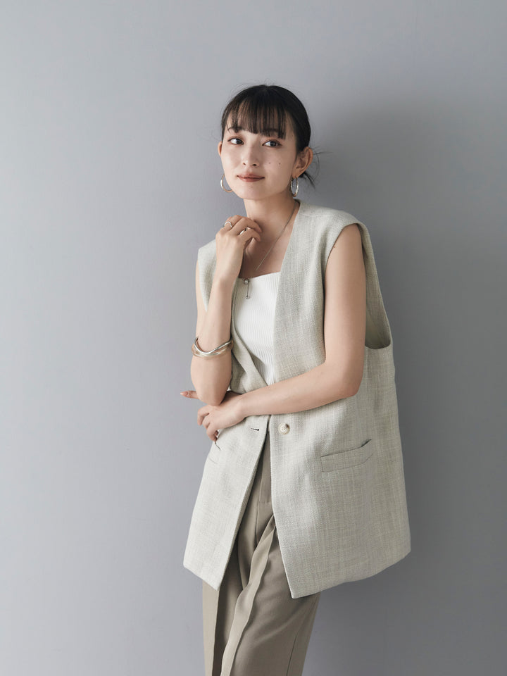 [SET] Linen touch no-collar gilet + double strap cut rib bra camisole + design tuck wide pants (3 sets)