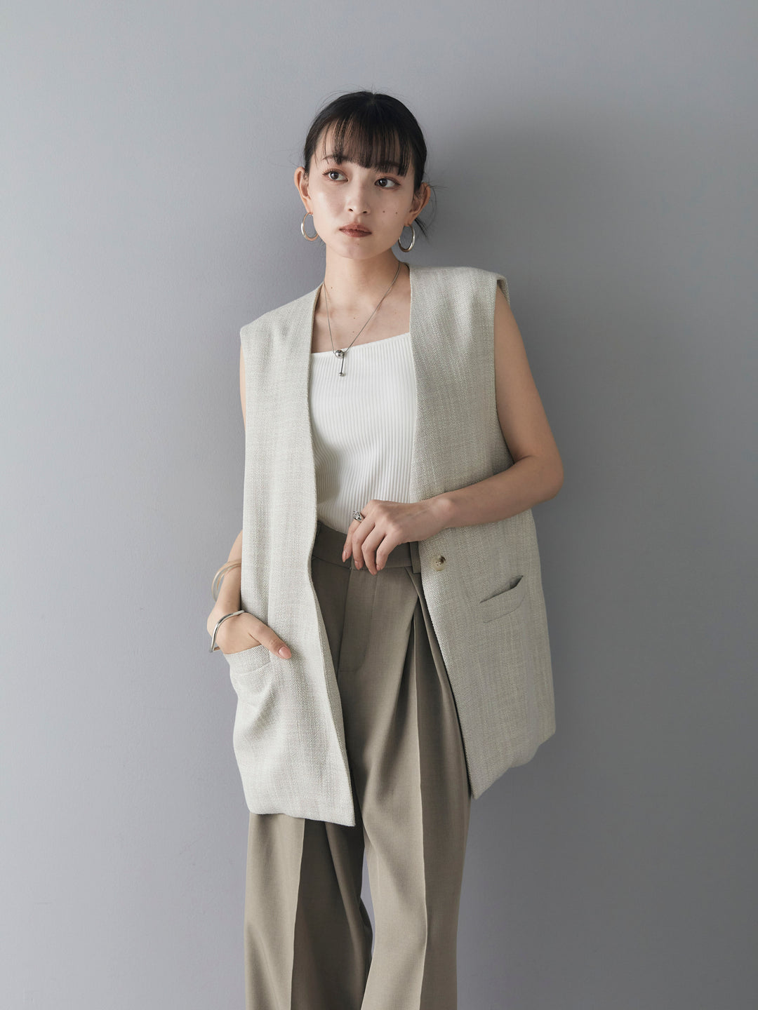 [SET] Linen touch no-collar gilet + double strap cut rib bra camisole + design tuck wide pants (3 sets)