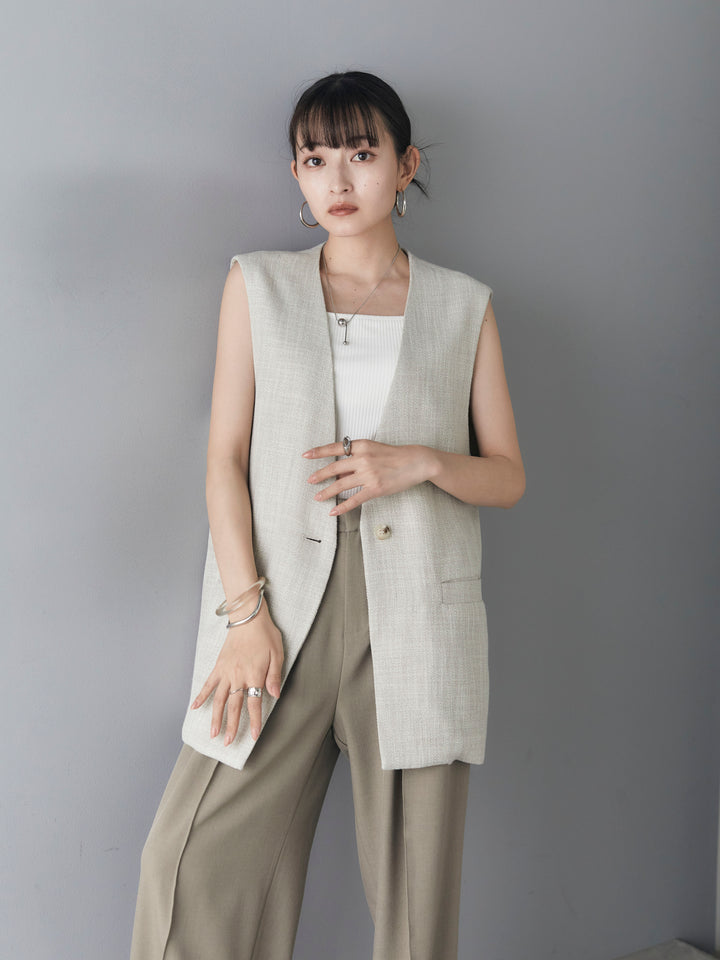 [SET] Linen touch no-collar gilet + double strap cut rib bra camisole + design tuck wide pants (3 sets)