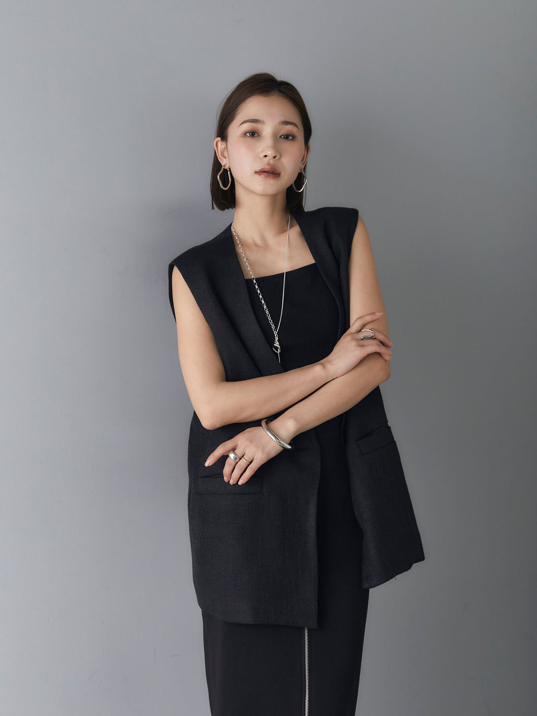 [SET] Linen touch no-collar gilet + telekorib bare camisole + front zip knit tight skirt (3 sets)
